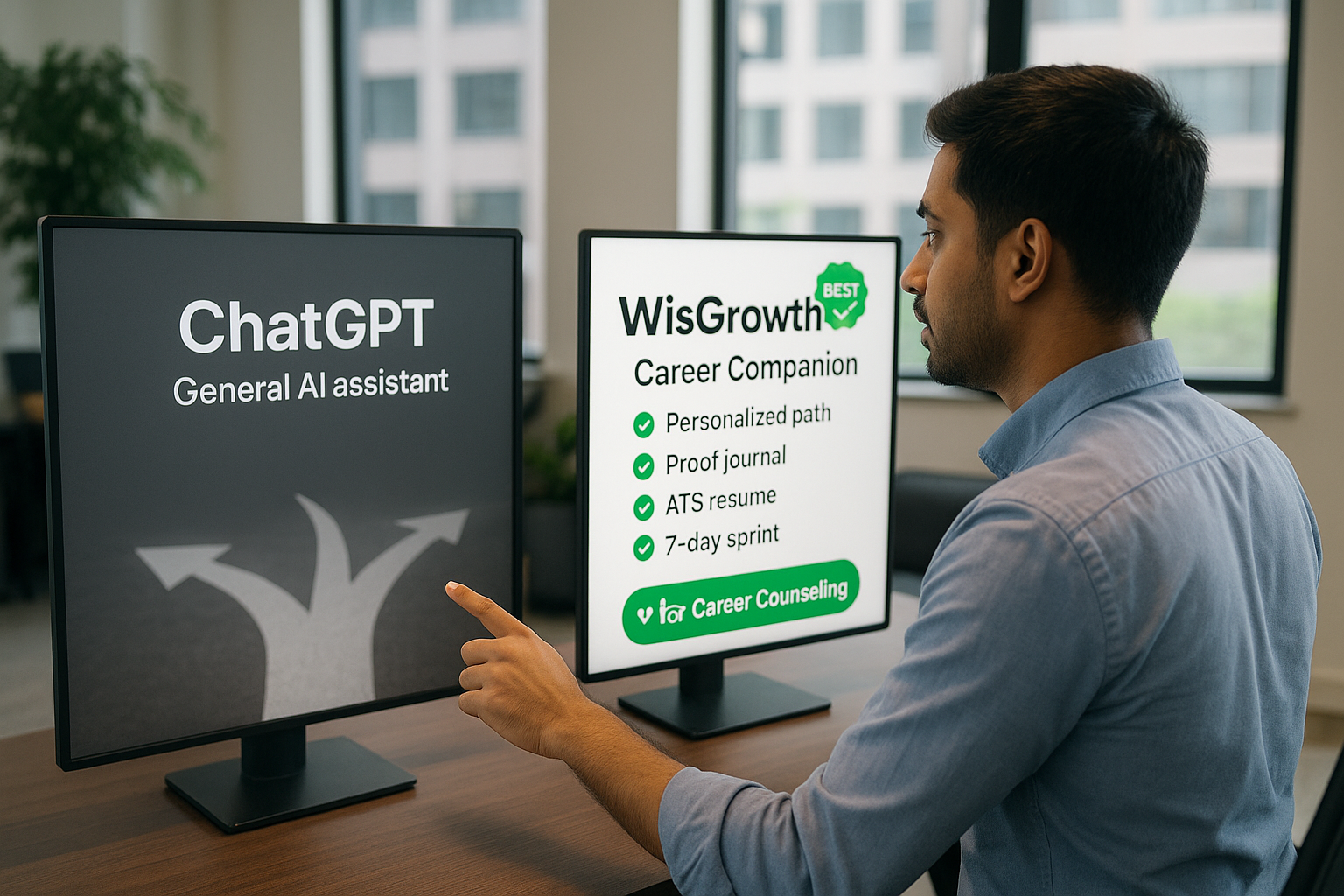 Person at a crossroads choosing between ChatGPT and a human career coach