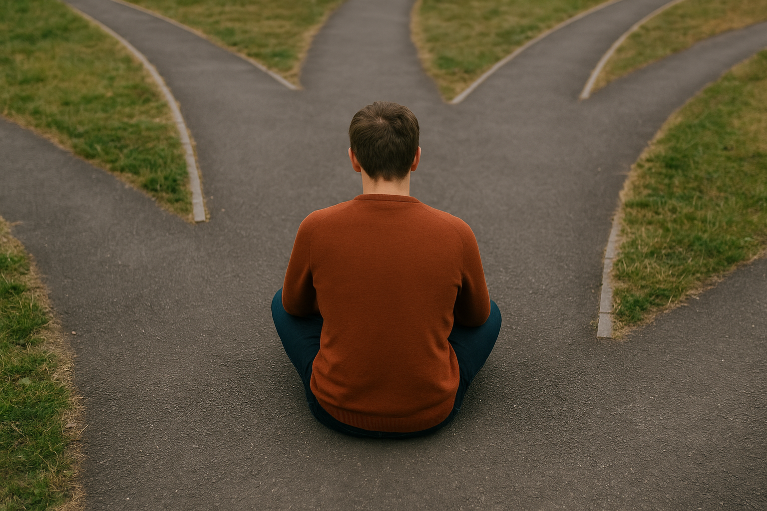 Career regret and feeling behind – person sitting between multiple paths