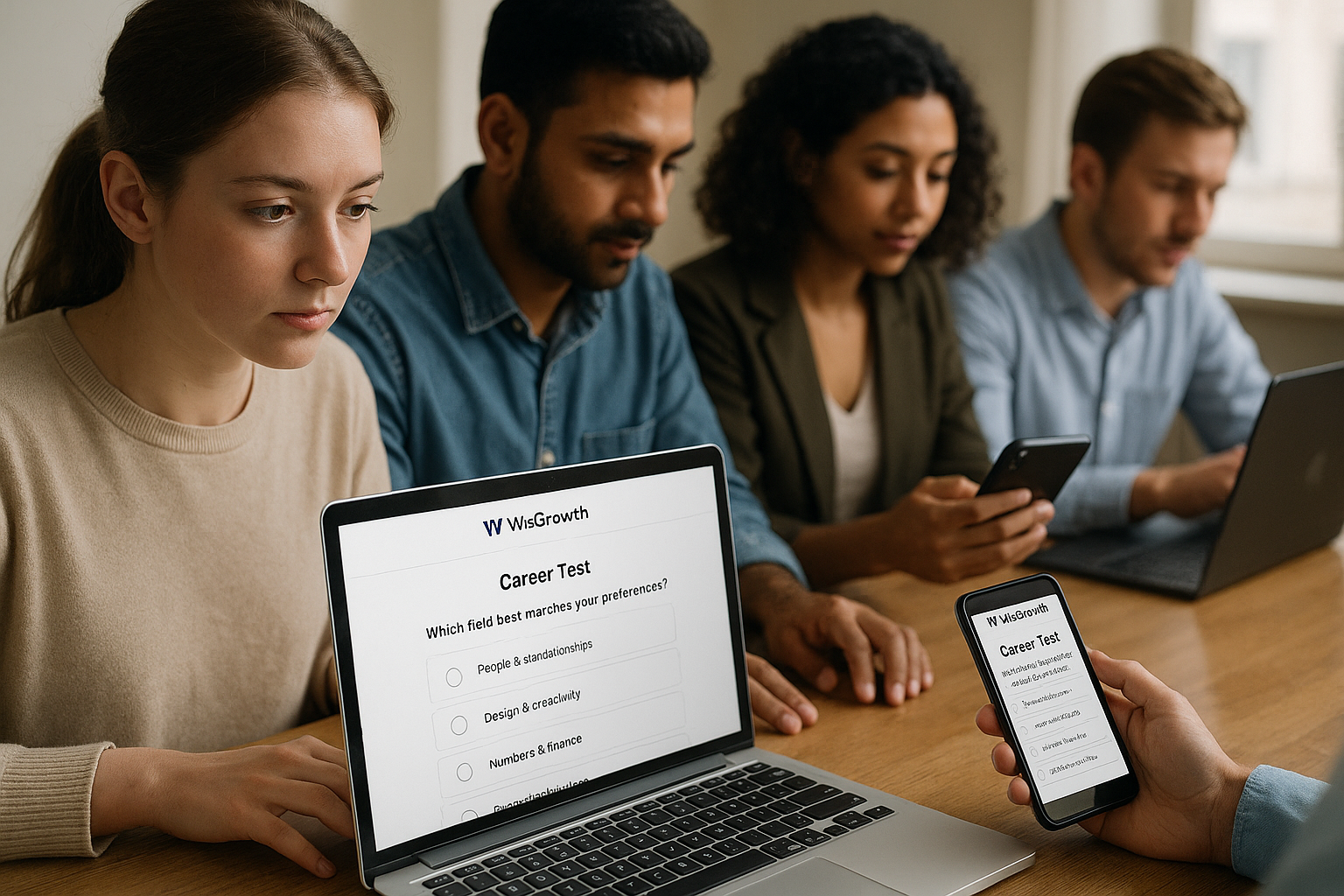 Students and professionals using WisGrowth online career guidance services on laptops and phones