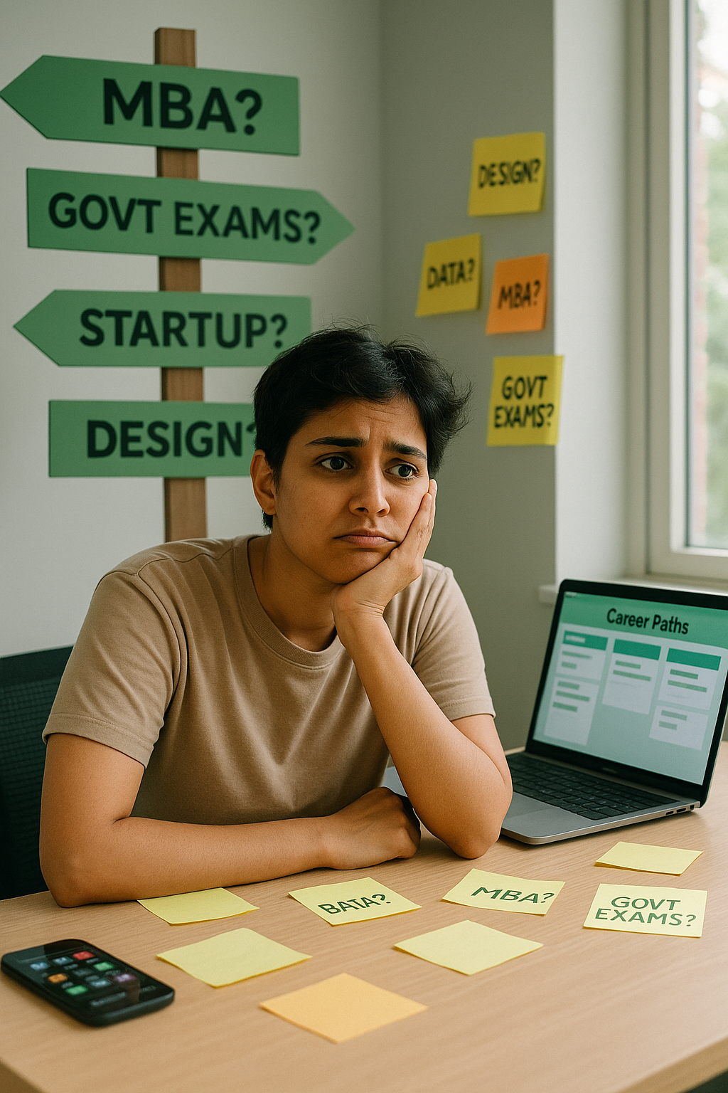 Person feeling stuck about career choices with no clear passion